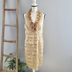 Lizzatti Gold Sleeveless Tiered Midi Sheath Dress Size 14
